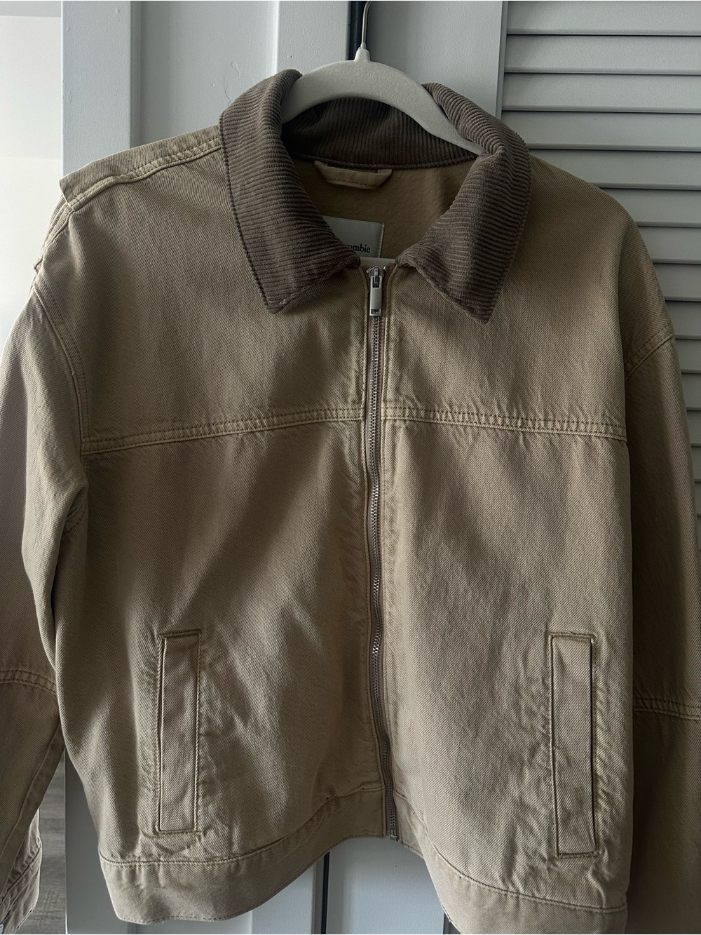 Abercrombie Tan Workwear Zip Jacket with Dark Brown Corduroy Collar